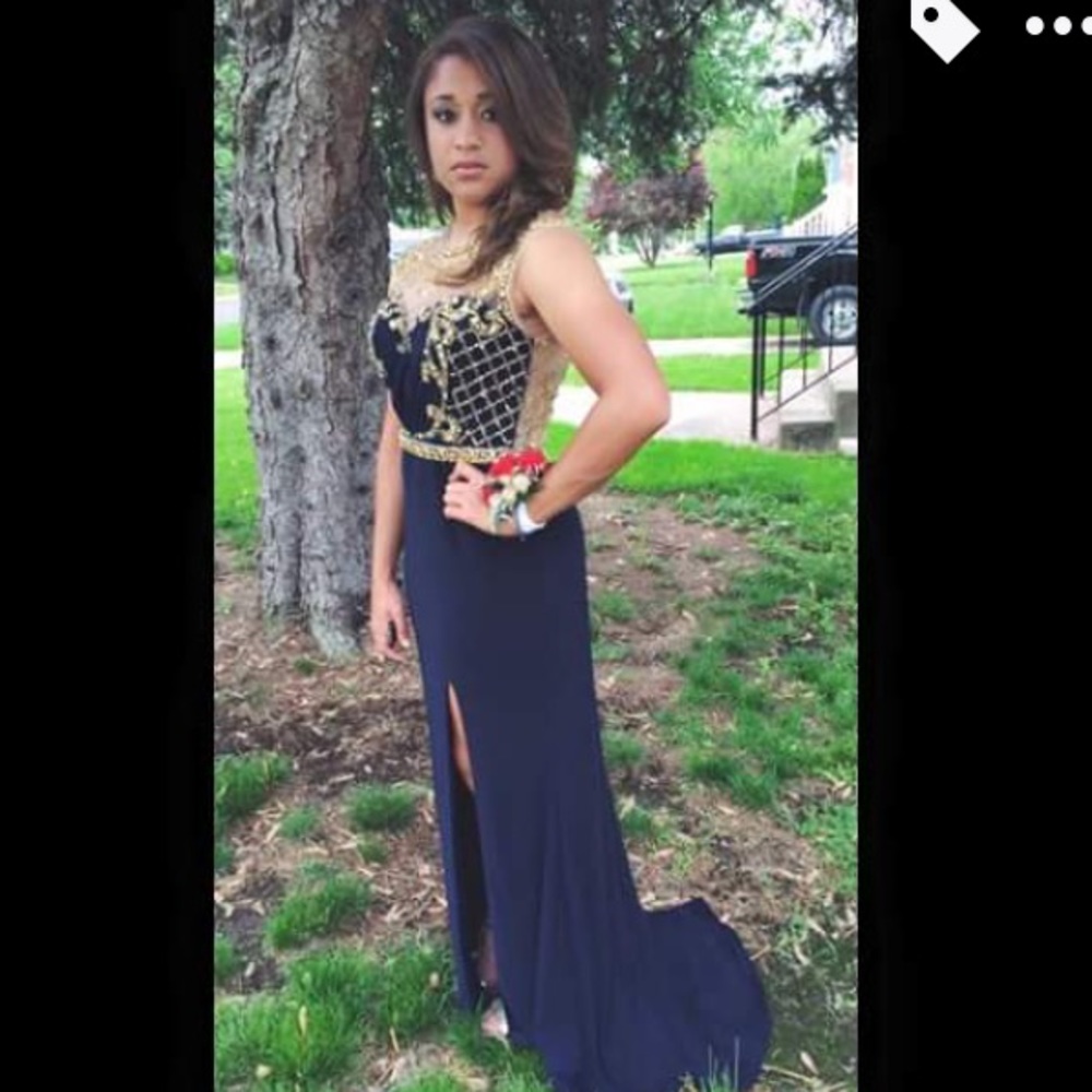Alyce Navy Blue and Gold Prom Dress